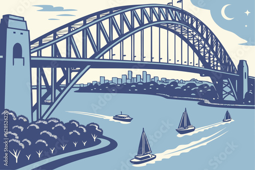 Expansive aerial panorama reveals boats gliding beneath Sydney’s Harbour Bridge with city lights beginning to twinkle beyond, modern flat illustration style.