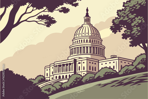 Glistening dome of the Capitol reflects soft morning light, surrounded by historical grandeur and political significance, modern flat illustration style.