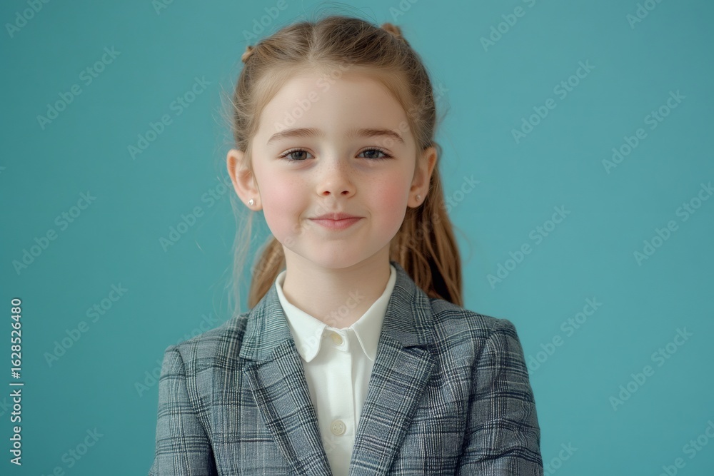 Studio portrait of a cheerful young student girl wearing a uniform, posing against a vibrant blue backdrop Studio portrait of a cheerful young student girl wearing a uniform, posing against a vibrant blue backdrop