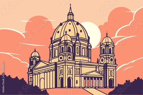 Watch the glowing sunset behind Berlin Cathedral (Berliner Dom) with warm tones illuminating its grand dome, modern flat illustration style.