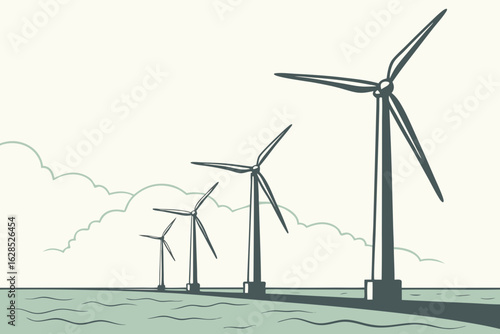 Wind turbines rotate over calm sea off North Holland, powering homes with clean energy against a pale sky, modern flat illustration style.