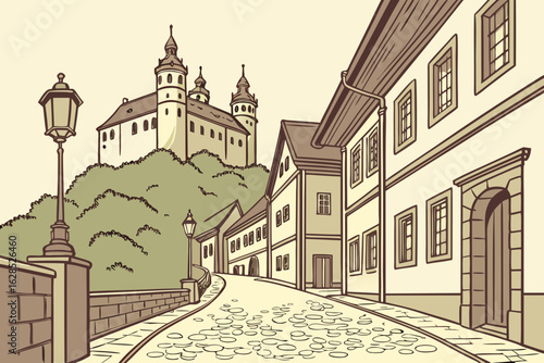 Wander through the charming medieval streets of Wurzburg and see Marienberg Fortress rise behind the Old Main Bridge, modern flat illustration style.