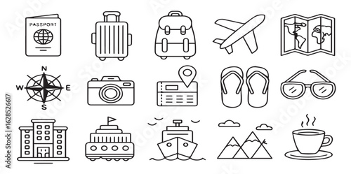 Travel adventure doodle icon set featuring playful hand-drawn sketch illustrations of a passport, suitcase, airplane, map, backpack, and tent. Black and white cartoon-style art perfect for tourism and