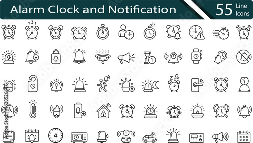 Alarm Clock and Notification Line Icons Collection.