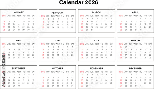 Calendar 2026 year vector illustration. Simple planner template, desk calendar 2026 year. Monthly calendar layout for 2026 year. Week Starts on Sunday.