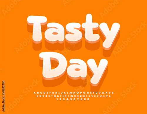 Vector Promo poster Tasty Day for Cafe. Cute Round White Font. Marshmallow style Alphabet Letters and Numbers