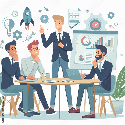 Group of business professionals engaged in a brainstorming session,  with one individual presenting ideas to the attentive colleagues.