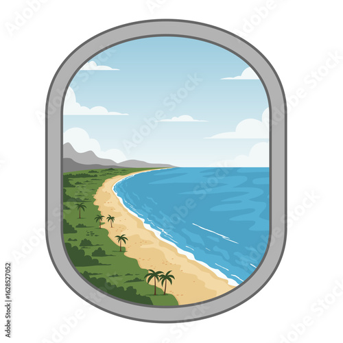 A beach seen from an airplane window vector illustration, vacation and tourism themed design on transparent background