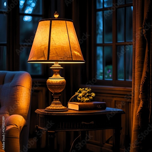 a warmly lit table lamp in a cozy and elegant room. The lamp has a classic ornate base and an orange-brown shade, emitting a soft glow that creates a warm and calming atmosphere