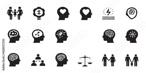 Psychology and mental health icon set featuring vector glyph pictograms of the brain, discussions, meditation, therapy, support groups, mindfulness, and emotional well-being in black silhouette illust