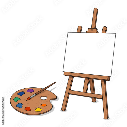 Painting materials, easel and palette vector illustration. Recreation, entertainment and peaceful