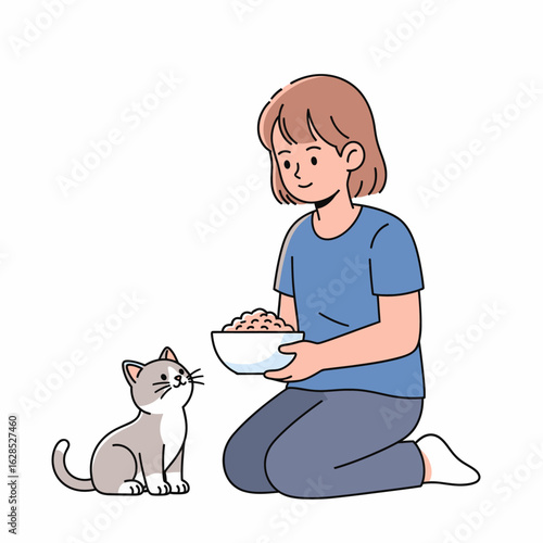 human girls feeding her cat