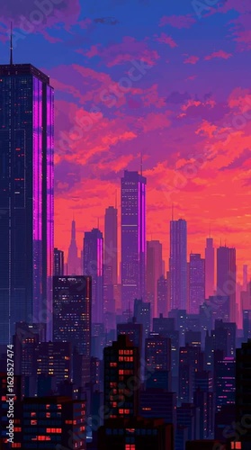 Wallpaper Mural A breathtaking sunset view of a futuristic city skyline, where towering skyscrapers glow with vivid neon accents in purple and orange tones, blending natural twilight with cyberpunk lighting. Torontodigital.ca