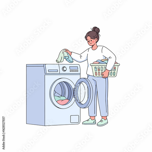 Illustration of a woman doing her daily laundry chore, loading clothes into a washing machine.