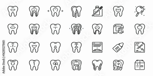 Modern black line icon set illustrating dental care and oral hygiene. Includes tooth anatomy, orthodontics, braces, smiling lips, dental tools, implants, and hygiene products in a clean vector style.
