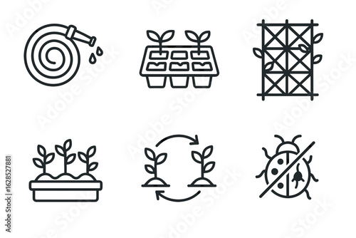 Gardening icons: hose, seedlings, trellis, planter, crop rotation, pest control