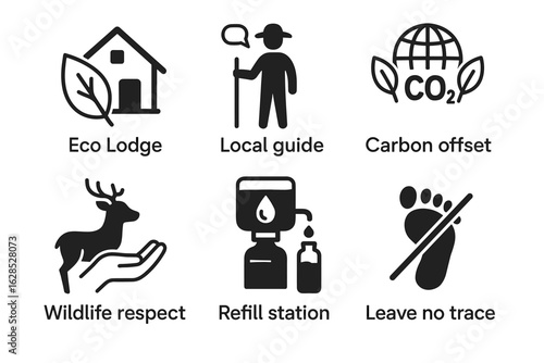 Sustainable tourism icons: eco lodge, local guide, carbon offset, wildlife respect, refill station, leave no trace