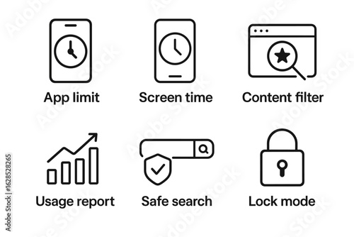 Parental control icons: app limit, screen time, content filter, usage report, safe search, lock mode