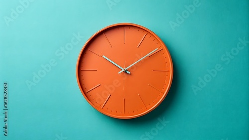 Wallpaper Mural Vibrant Orange Clock on a Teal Backdrop: Contemporary Timepiece Displaying Hour and Minute Markers for Abstract Conceptual Art. Torontodigital.ca