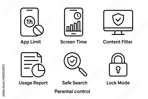 Digital parental control icons: app limit, screen time, content filter, usage report, safe search, lock mode