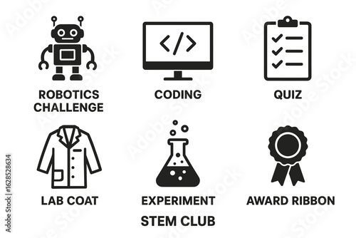 Robotics, coding, and stem club symbols: challenge, quiz, and experiment icons