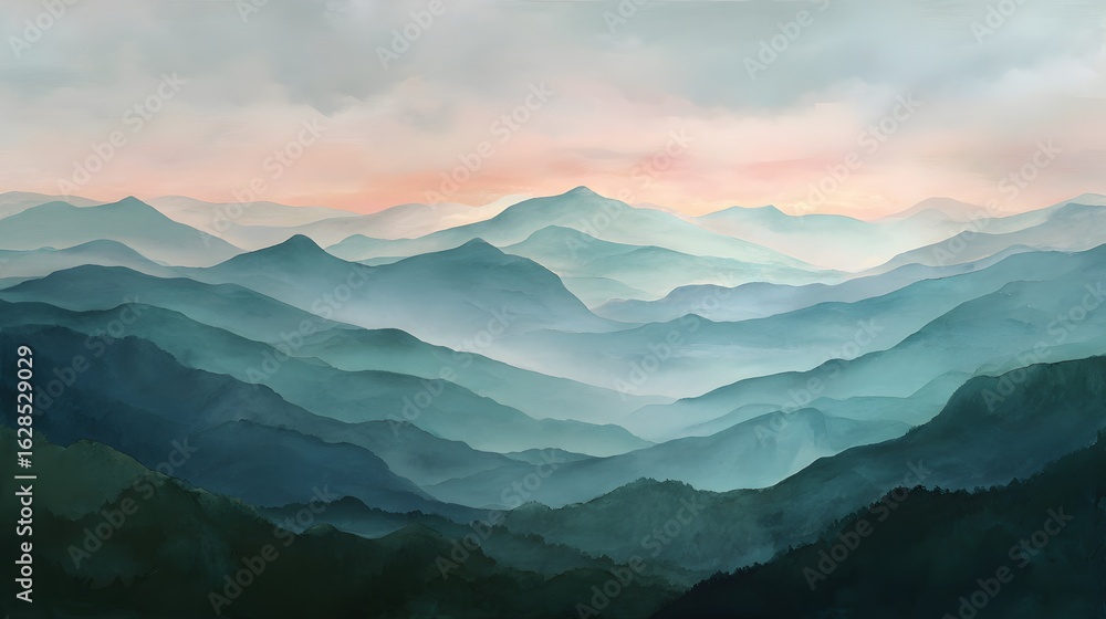 Obraz premium Misty mountain landscape at sunrise with soft pastel colors