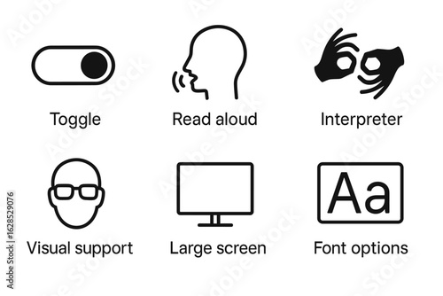 Accessibility icons for toggle, visual support, and large screen features