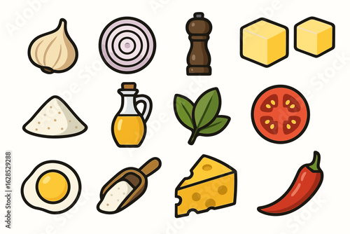 Colorful cooking ingredients illustration with garlic, onion, pepper, and cheese