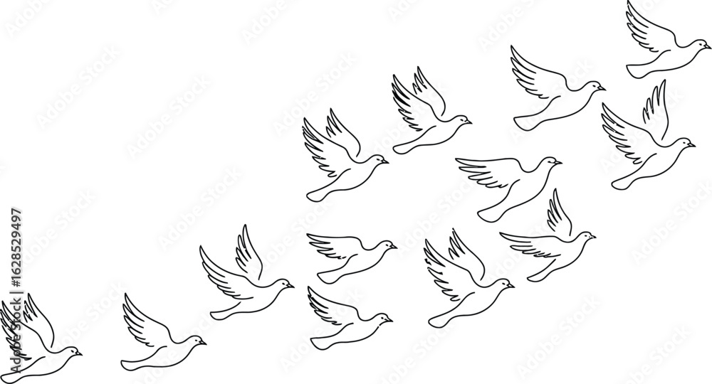 Fototapeta premium A flock of stylized doves in flight forming a graceful upward curve