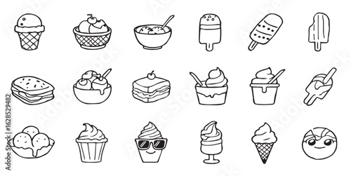 Ice cream doodle icon set featuring cute hand-drawn illustrations of cones, sundaes, popsicles, banana splits, swirls, waffles, and cups. Black and white cartoon-style art perfect for a sweet dessert 