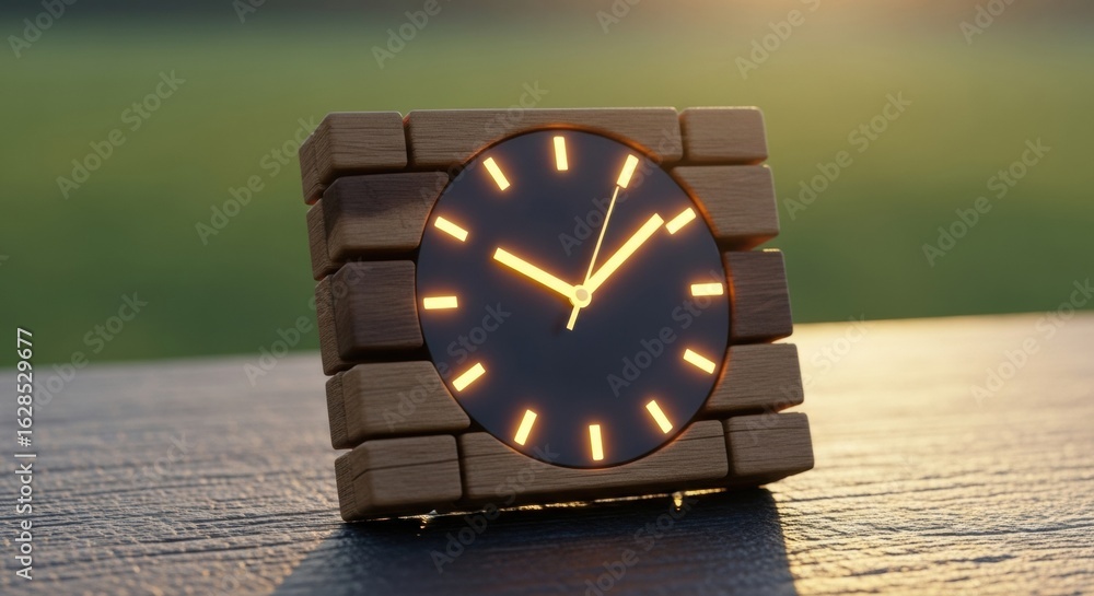 custom made wallpaper toronto digitalIlluminated clock face surrounded by wooden brick construction under soft light, on aged surface,