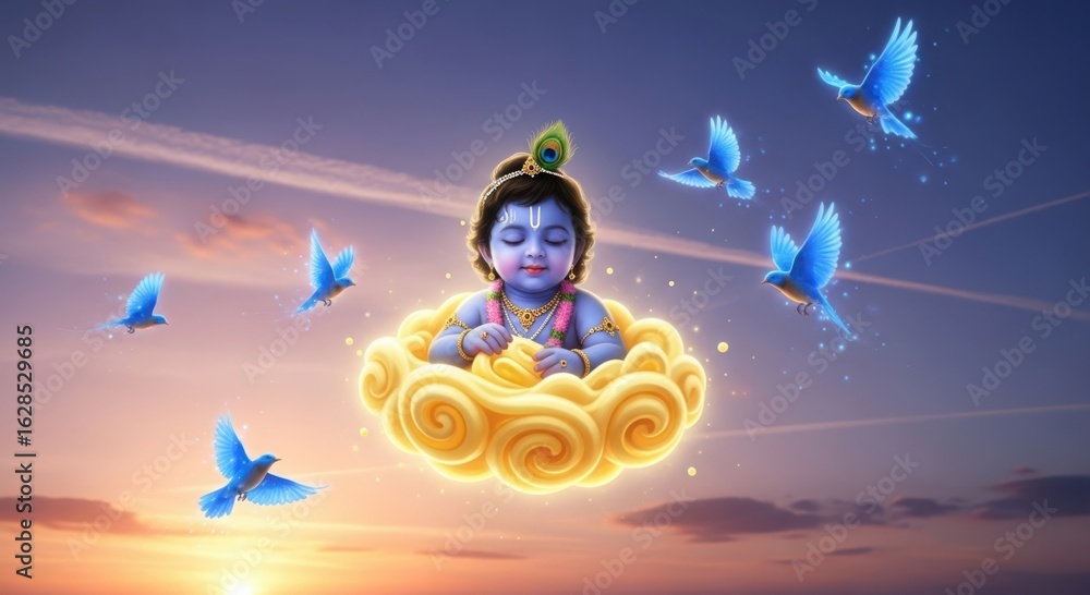 Naklejka premium Baby krishna sitting on a cloud with birds flying around at sunset