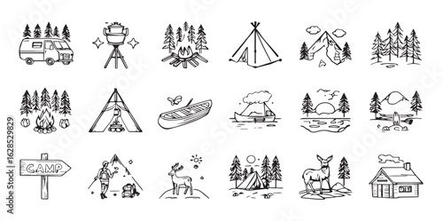 Doodle icon set of a camping adventure featuring cute hand-drawn sketch illustrations, including a tent, campfire, backpack, cabin, canoe, and hammock. Black and white cartoon-style art perfect for ou