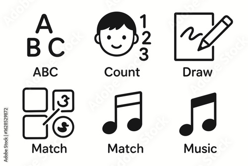 Educational icons for kids: alphabet, counting, drawing, matching, music
