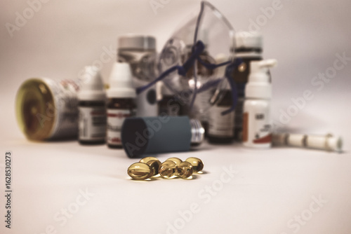 Wallpaper Mural vintage. Asthma Inhaler, Vitamins, and Medical Supplies in Soft Focus Torontodigital.ca