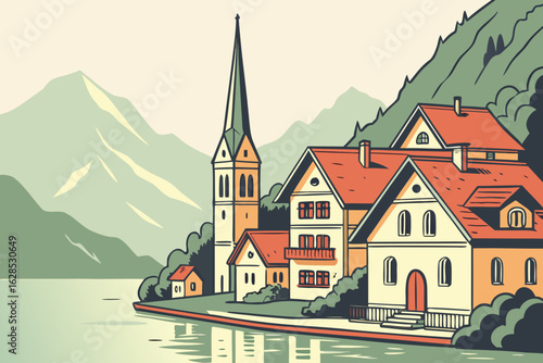 Romantic Hallstatt draws visitors with alpine charm, mirrored lake views, colorful rooftops, and a storybook atmosphere, modern flat illustration style.