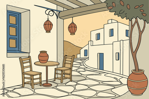 Settle into a cozy outdoor taverna in Greece, with a pair of rustic wooden chairs facing each other on a stone patio, modern flat illustration style.