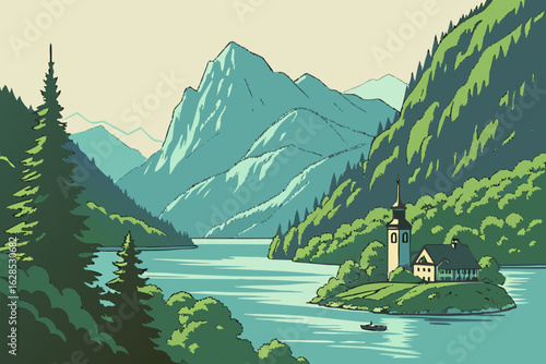 Shimmering Hallstatt lake spreads under blue skies as green peaks rise sharply around the water in alpine harmony, modern flat illustration style.