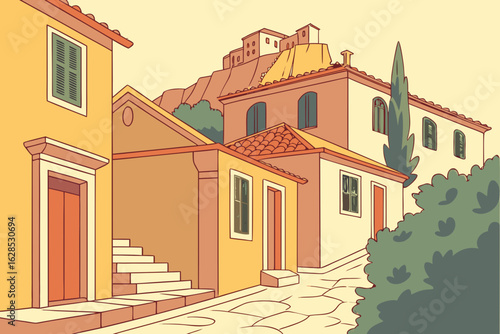Step into Athens’ Plaka district under the Acropolis with its quaint alleyways and traditional houses basking in sunlight, modern flat illustration style.