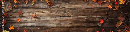 Rustic wooden tabletop with a border of colorful falling autumn leaves for a banner