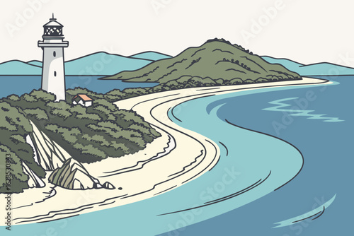 Tide swirls around Hill Inlet’s curved sandbars as crystal-clear waters meet Whitehaven Beach’s bright shores on Whitsunday Island, modern flat illustration style.