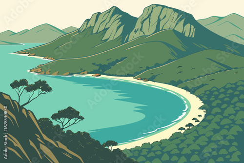 Tranquil view of Wineglass Bay in Tasmania reveals crescent-shaped shores and turquoise sea hugged by rugged green peaks, modern flat illustration style.