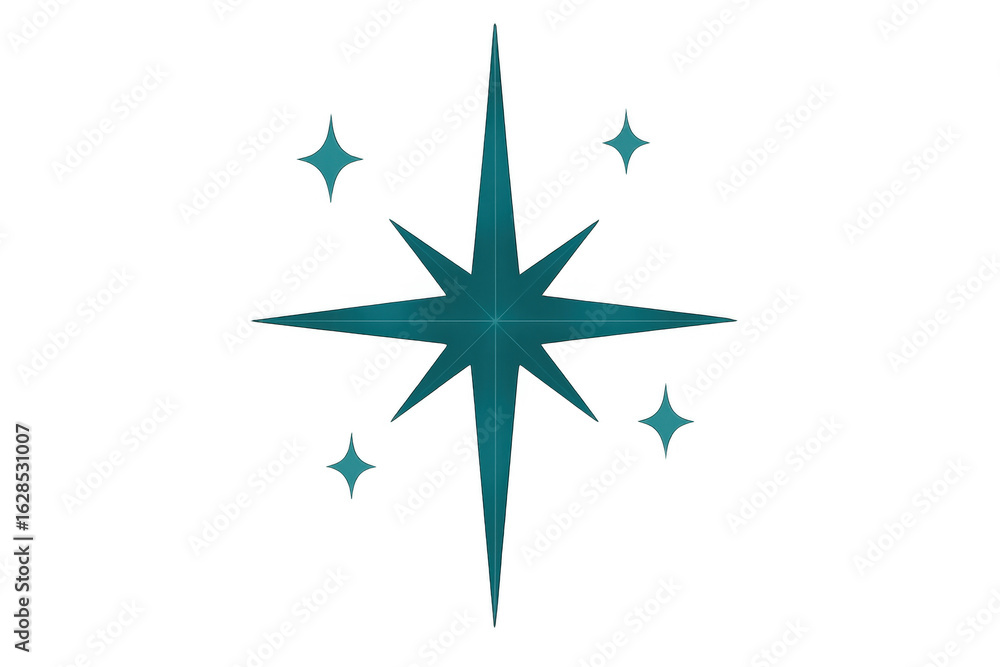 Fototapeta premium Luminous teal north star gleaming amid scattered stellar companions against transparent dark backdrop