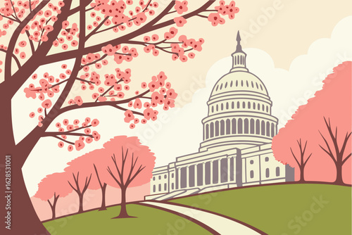 Joyful spring afternoon in Washington, with clear skies above Capitol Hill and cherry blossoms lining the National Mall, modern flat illustration style.