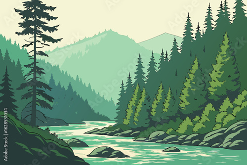 Lush forests and turquoise waters meet in North Cascades National Park, where untamed beauty defines Washington State’s wilderness, modern flat illustration style.