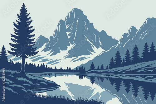 Mirror-like Lake Alm reflects alpine peaks and grassy shores, with blue skies and crisp mountain air completing the peaceful scene, modern flat illustration style.