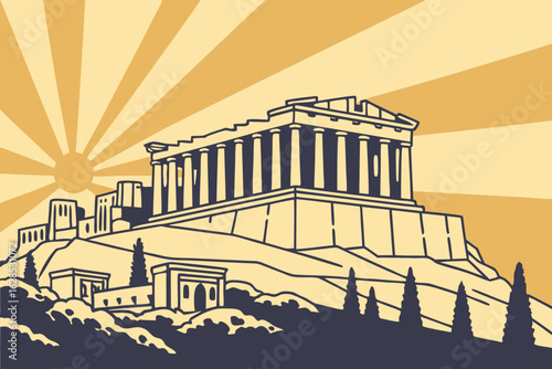 Marvel at the grandeur of the Parthenon temple atop the Acropolis, bathed in sunlight over Athens’ historical skyline, modern flat illustration style.