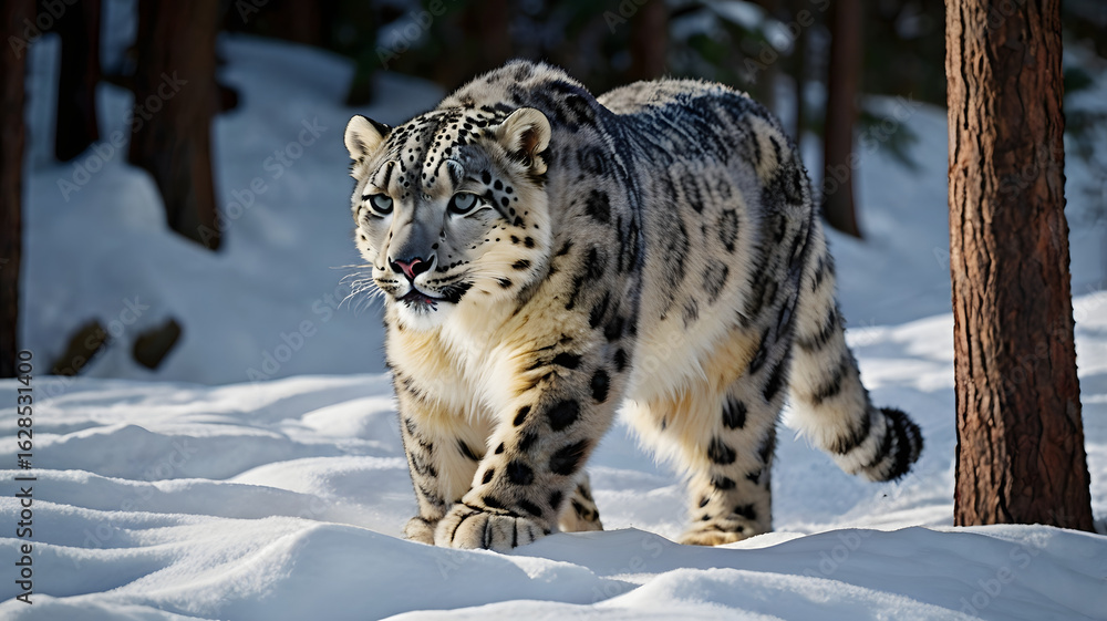 Obraz premium Snow Leopard stalking prey in the shadows of a pine forest 
