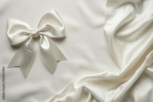 Elegant white satin bow on a delicate, draped silk fabric background