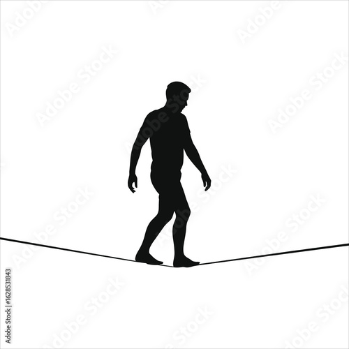 Silhouette of male tightrope walker balancing on slackline, extreme sport adventure symbol of risk, focus, stability, courage, business challenge, uncertainty and success on white background